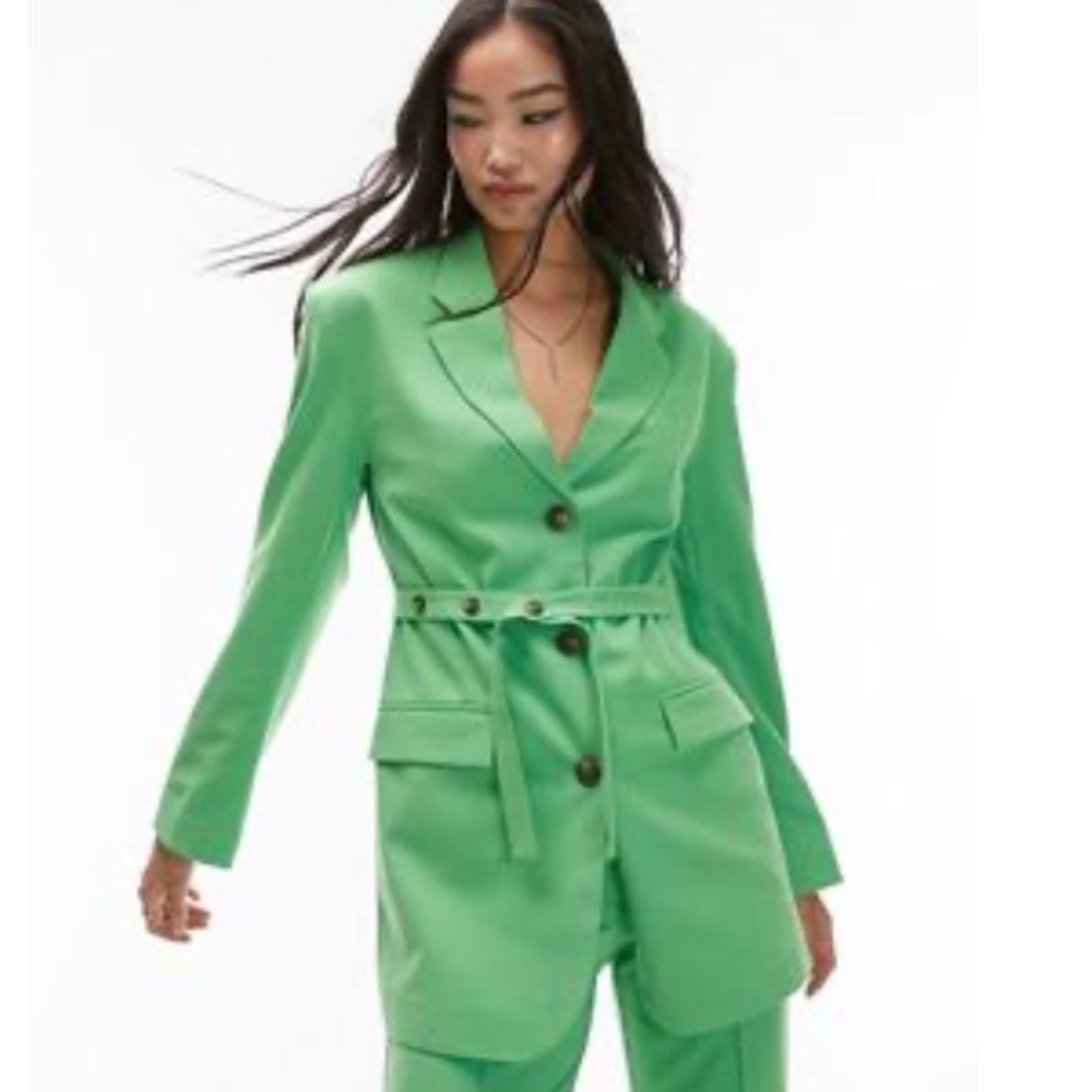 Topshop Notched Lapel Belted Blazer in Bright Green